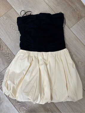 Reformation Strapless Black and Cream Bubble Hem Dress